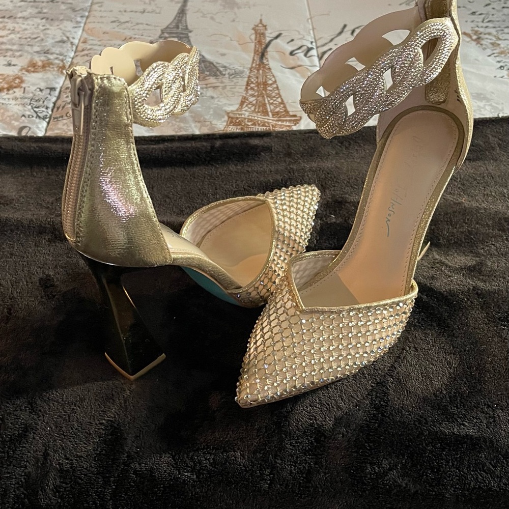 Betsey Johnson Gold and Cream Embellished Heels